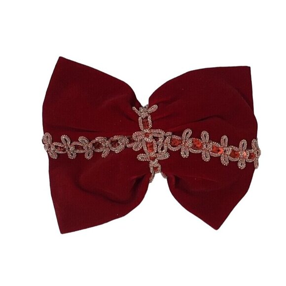 Elegant Red Velvet Bow Hair Clip With Rhinestone & Sequin Embellishments - Picture 1 of 4